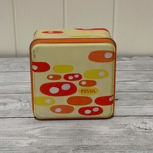 Fossil Vintage 2003 Watch Tin Box MCM Abstract Dot Pattern Orange Yellow Retro